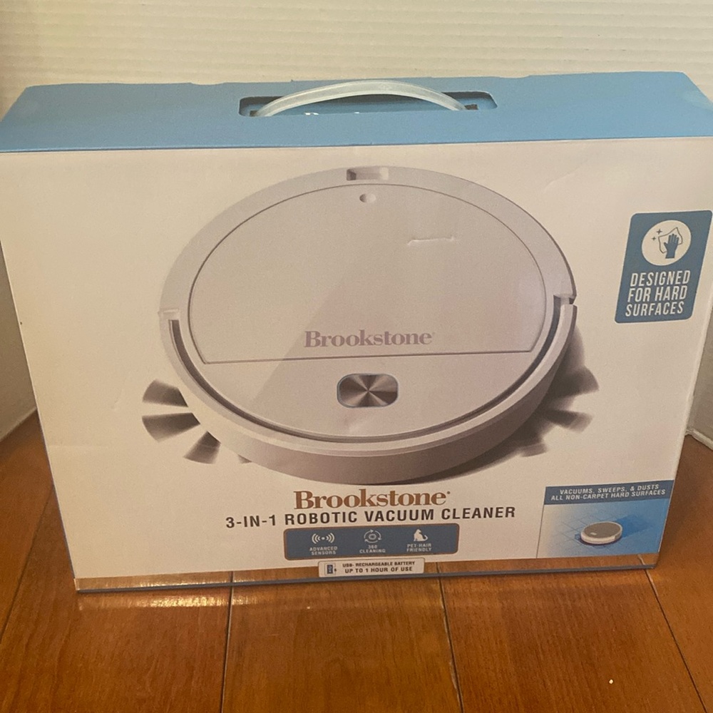 Brookstone 3-in-1 Robotic vacuum cleaner for hard surfaces pet hair friendly new